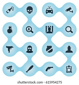 Vector Illustration Set Of Simple Crime Icons. Elements Magnifier, Thief, Explosive And Other Synonyms Magnifier, Officer And Detective.