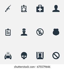 Vector Illustration Set Of Simple Crime Icons. Elements Checklist, Police Car, Stop And Other Synonyms Bone, Safety And Cell.