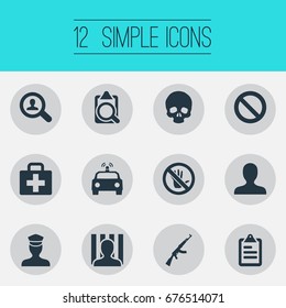 Vector Illustration Set Of Simple Crime Icons. Elements Skeleton, M16, Person And Other Synonyms Punishment, Board And Person.