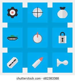 Vector Illustration Set Of Simple Crime Icons. Elements Cogwheel, Shot, Closed And Other Synonyms Sniper, Padlock And Military.