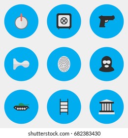 Vector Illustration Set Of Simple Crime Icons. Elements Criminal, Military, Weapon And Other Synonyms Password, Protected And Safe.