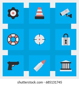 Vector Illustration Set Of Simple Crime Icons. Elements Shot, Weapon, Grille And Other Synonyms Court, Mechanical And Cone.