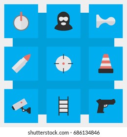Vector Illustration Set Of Simple Crime Icons. Elements Isolated, Safe, Shot And Other Synonyms Horns, Stairs And Deer.