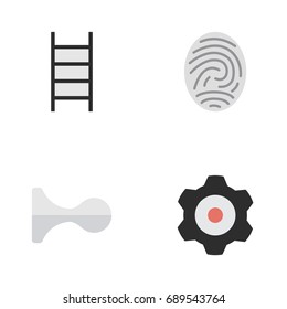 Vector Illustration Set Of Simple Crime Icons. Elements Bioskyner, Hunting, Cogwheel And Other Synonyms Stairs, Deer And Gear.