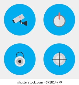 Vector Illustration Set Of Simple Crime Icons. Elements Safe, Sniper, Supervision And Other Synonyms Security, Camera And Goal.