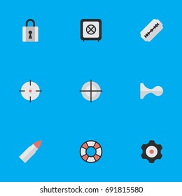 Vector Illustration Set Of Simple Crime Icons. Elements Target, Blade, Hunting And Other Synonyms Horns, Blade And Vault.