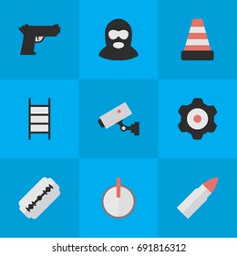 Vector Illustration Set Of Simple Crime Icons. Elements Stairs, Blade, Criminal And Other Synonyms Supervision, Burglar And Lock.