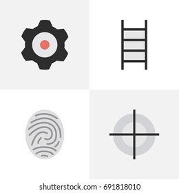 Vector Illustration Set Of Simple Crime Icons. Elements Stairs, Bioskyner, Sniper And Other Synonyms Protection, Mechanical And Cogwheel.