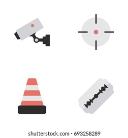 Vector Illustration Set Of Simple Crime Icons. Elements Isolated, Target, Supervision And Other Synonyms Shot, Blade And Cone.