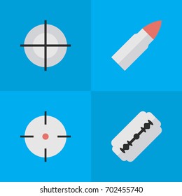 Vector Illustration Set Of Simple Crime Icons. Elements Sniper, Blade, Shot And Other Synonyms Sniper, Bullet And Goal.