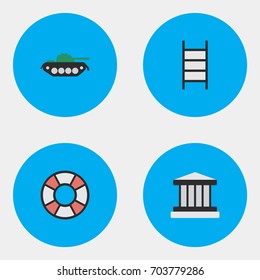 Vector Illustration Set Of Simple Crime Icons. Elements Grille, Military, Stairs And Other Synonyms Jail, Court And Lifesaver.