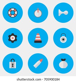 Vector Illustration Set Of Simple Crime Icons. Elements Safe, Cogwheel, Lifesaver And Other Synonyms Lifebuoy, Deer And Lifesaver.