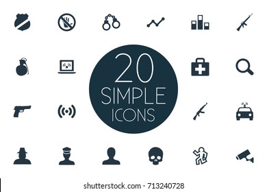 Vector Illustration Set Of Simple Crime Icons. Elements Explosive, Marketing, Lock And Other Synonyms Explosive, Automatic And Gun.
