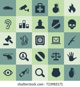 Vector Illustration Set Of Simple Crime Icons. Elements Grid, Emblem, Dead Man And Other Synonyms Captain, Shadowing And Volunteer.