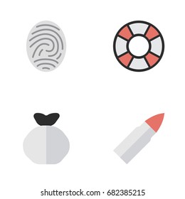 Vector Illustration Set Of Simple Criminal Icons. Elements Moneybox, Lifesaver, Bioskyner And Other Synonyms Bioskyner, Gun And Protection.