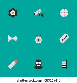 Vector Illustration Set Of Simple Criminal Icons. Elements Hunting, Lock, Target And Other Synonyms Key, Gear And Deer.