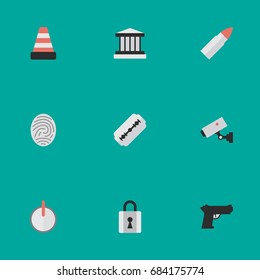 Vector Illustration Set Of Simple Criminal Icons. Elements Grille, Blade, Weapon And Other Synonyms Closed, Blade And Password.