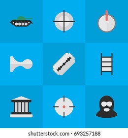 Vector Illustration Set Of Simple Criminal Icons. Elements Grille, Target, Criminal And Other Synonyms Sniper, Shot And Burglar.