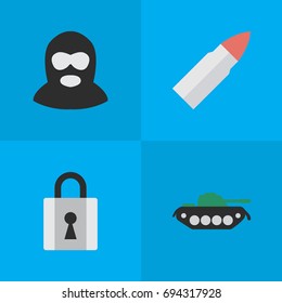 Vector Illustration Set Of Simple Criminal Icons. Elements Shot, Closed, Military And Other Synonyms Tank, Military And Shot.