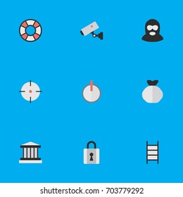 Vector Illustration Set Of Simple Criminal Icons. Elements Lifesaver, Grille, Criminal And Other Synonyms Lifebuoy, Closed And Ladder.