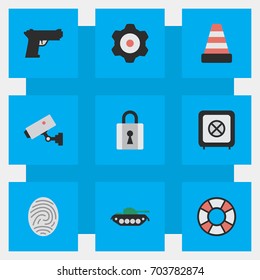 Vector Illustration Set Of Simple Criminal Icons. Elements Military, Closed, Bioskyner And Other Synonyms Cone, Lifebuoy And Security.