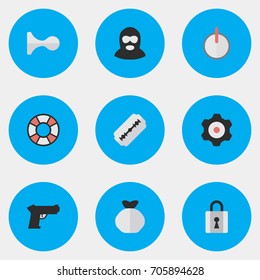 Vector Illustration Set Of Simple Criminal Icons. Elements Lifesaver, Blade, Cogwheel And Other Synonyms Shot, Gun And Gear.