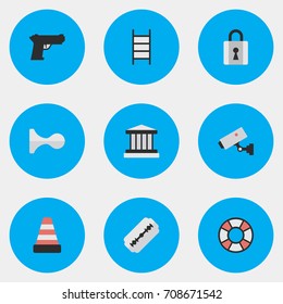 Vector Illustration Set Of Simple Criminal Icons. Elements Isolated, Grille, Supervision And Other Synonyms Camera, Blade And Shaver.