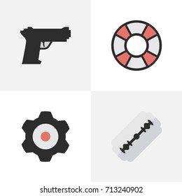 Vector Illustration Set Of Simple Criminal Icons. Elements Weapon, Lifesaver, Blade And Other Synonyms Shot, Lifebuoy And Cogwheel.