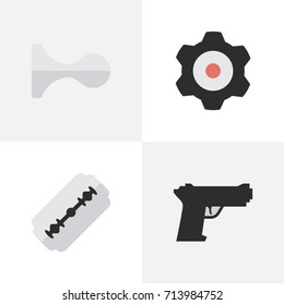 Vector Illustration Set Of Simple Criminal Icons. Elements Blade, Hunting, Weapon And Other Synonyms Shaver, Hunting And Mechanical.