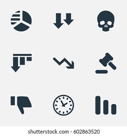 Vector Illustration Set Of Simple Crisis Icons. Elements Bar Graph, Head Bone, Line Chart And Other Synonyms Decreasing, Hammer And Watch.