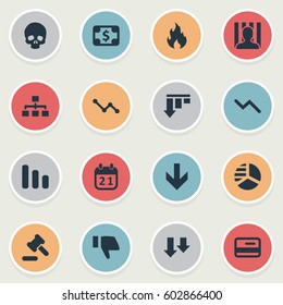 Vector Illustration Set Of Simple Crisis Icons. Elements Round Graph, Line Chart, Net And Other Synonyms Network, Law And Court.