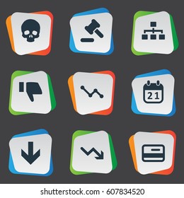 Vector Illustration Set Of Simple Crisis Icons. Elements Net, Head Bone, Downward And Other Synonyms Cursor, Thumb And Card.