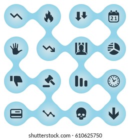 Vector Illustration Set Of Simple Crisis Icons. Elements Downward, Fire, Line Chart And Other Synonyms Skull, Plastic And Fire.