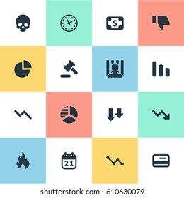 Vector Illustration Set Of Simple Crisis Icons. Elements Finger Below, Line Chart, Tribunal And Other Synonyms Law, Graph And Pie.