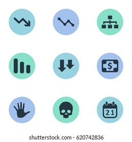 Vector Illustration Set Of Simple Crisis Icons. Elements Line Chart, Descending, Graph Decreases And Other Synonyms Diagram, Date And Downward.