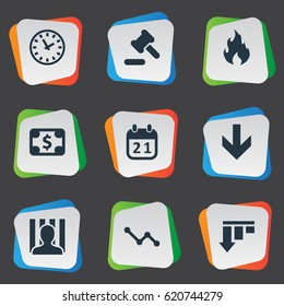 Vector Illustration Set Of Simple Crisis Icons. Elements Penitentiary, Fire, Bankroll And Other Synonyms Diagram, Work And Hammer. Vector Illustration Set Of Simple Crisis Icons. Elements Penitentiary, Fire, Bankroll And Other Synonyms Diagram, Work And Hammer.