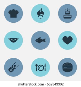 Vector Illustration Set Of Simple Cuisine Icons. Elements Muffin, Birthday Cake, Passion And Other Synonyms Tableware, Fish And Hamburger.