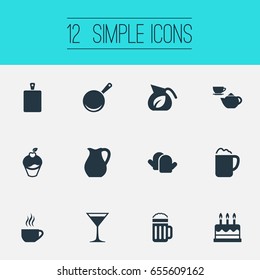 Vector Illustration Set Of Simple Cuisine Icons. Elements Anniversary Desert, Cupcake, Cocktail And Other Synonyms Glove, Cupcake And Cake.