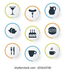 Vector Illustration Set Of Simple Cuisine Icons. Elements Breakfast, Anniversary Desert, Hot Dog And Other Synonyms Candles, Morning And Itencil.