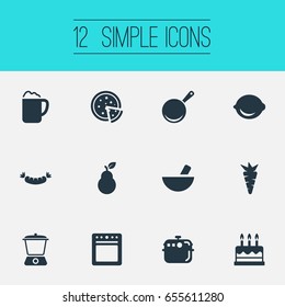 Vector Illustration Set Of Simple Cuisine Icons. Elements Bartlett, Tortilla, Juicer And Other Synonyms Pot, Stove And Barbecue.