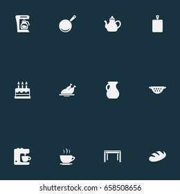 Vector Illustration Set Of Simple Cuisine Icons. Elements Coffee Maker, Clay, Skillet And Other Synonyms Hot, Chicken And Grain.