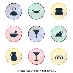 Vector Illustration Set Of Simple Cuisine Icons. Elements Cocktail, Stew-Pot, Wineglass And Other Synonyms Glass, Plate And Stove.