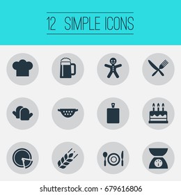 Vector Illustration Set Of Simple Cuisine Icons. Elements Table Setting, Pastry, Scales And Other Synonyms Celebration, Christmas And Laying.