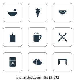 Vector Illustration Set Of Simple Cuisine Icons. Elements Chopping Wood, Drainer, Fridge And Other Synonyms Pub, Heat And Ale.