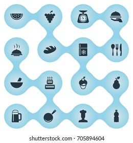 Vector Illustration Set Of Simple Cuisine Icons. Elements Noodles, Plastic Bottle, Hot Dish And Other Synonyms Pub, Scale And Dishware.