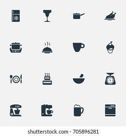 Vector Illustration Set Of Simple Cuisine Icons. Elements Kitchen Tool, Casserole, Blender And Other Synonyms Stew-Pot, Cake And Celebrating.