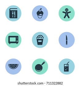 Vector Illustration Set Of Simple Cuisine Icons. Elements Juice, Oven, Summer Fruit And Other Synonyms Cookware, Copybook And Gingerbread.