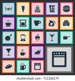Vector Illustration Set Of Simple Cuisine Icons. Elements Wineglass, Grilled Poultry, Wheat And Other Synonyms Cup, Saucepan And Snack.