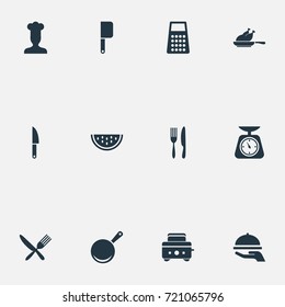 Vector Illustration Set Of Simple Cuisine Icons. Elements Dinner, Hot Dish, Meat Cleaver And Other Synonyms Grind, Hen And Crust.