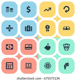 Vector Illustration Set Of Simple Currency Icons. Elements Banknote, Moneybox, Briefcase And Other Synonyms Laptop, Accounting And Award.